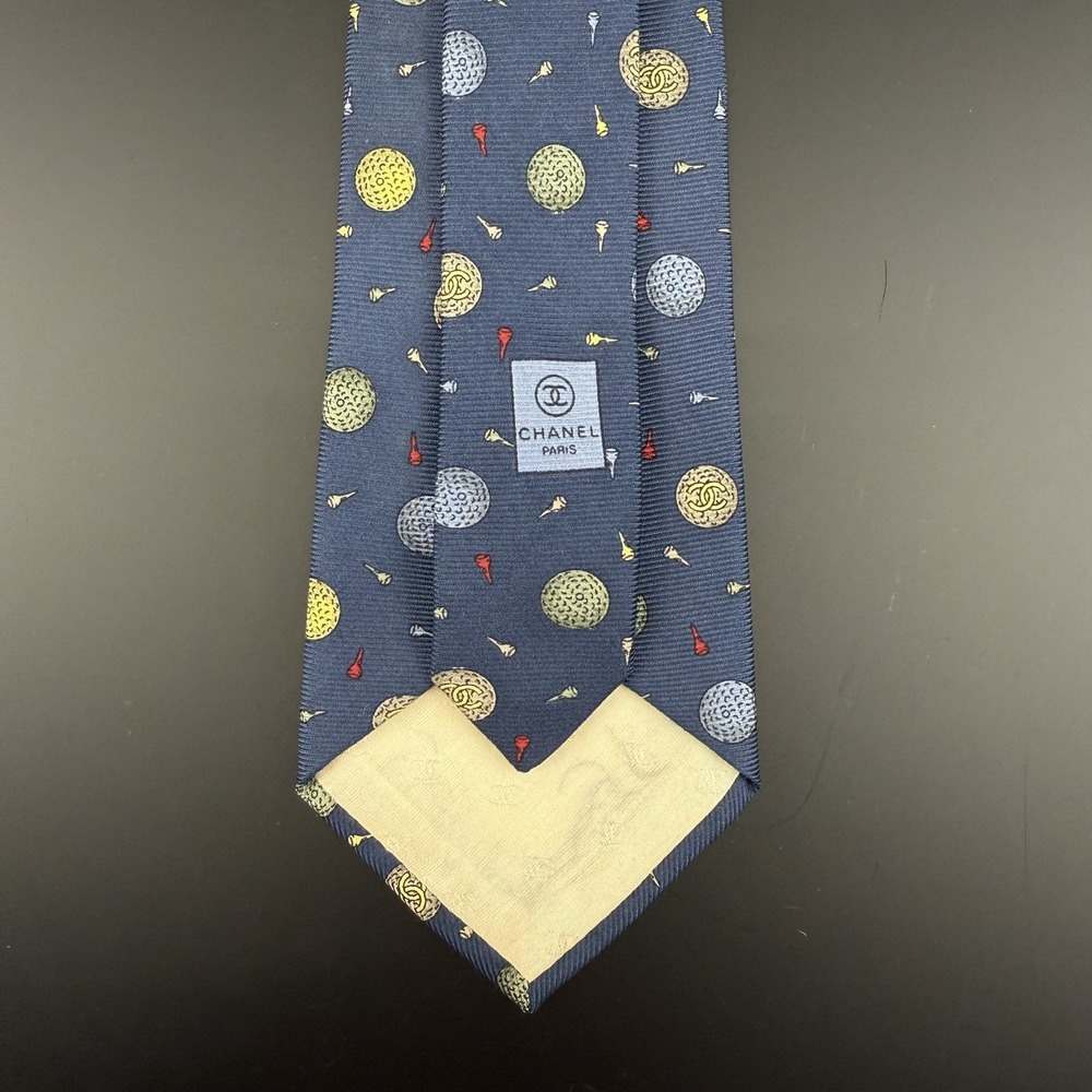 Chanel Silk Tie Blue Golf Ball Tee Pattern CC Logo France Authentic Luxury - Picture 2 of 12